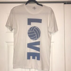 White Women’s T-Shirt with Blue Volleyball Design